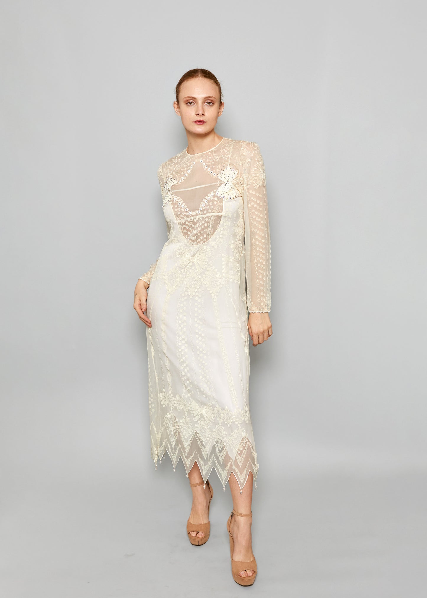 Zandra Rhodes Vintage White Spring/Summer 1985 Screen Print Rhinestone Embellished Bow Dress front view