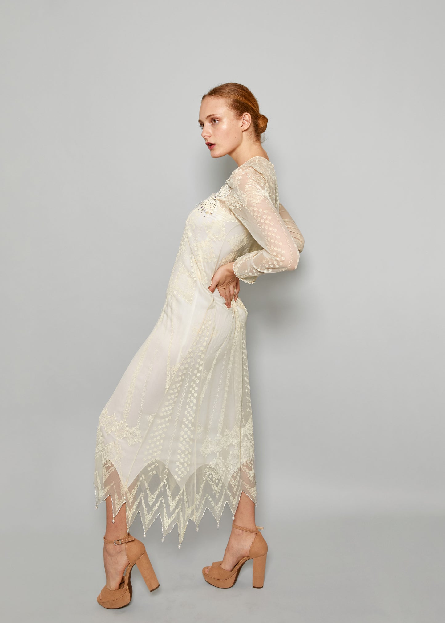 Zandra Rhodes Vintage White Spring/Summer 1985 Screen Print Rhinestone Embellished Bow Dress side view