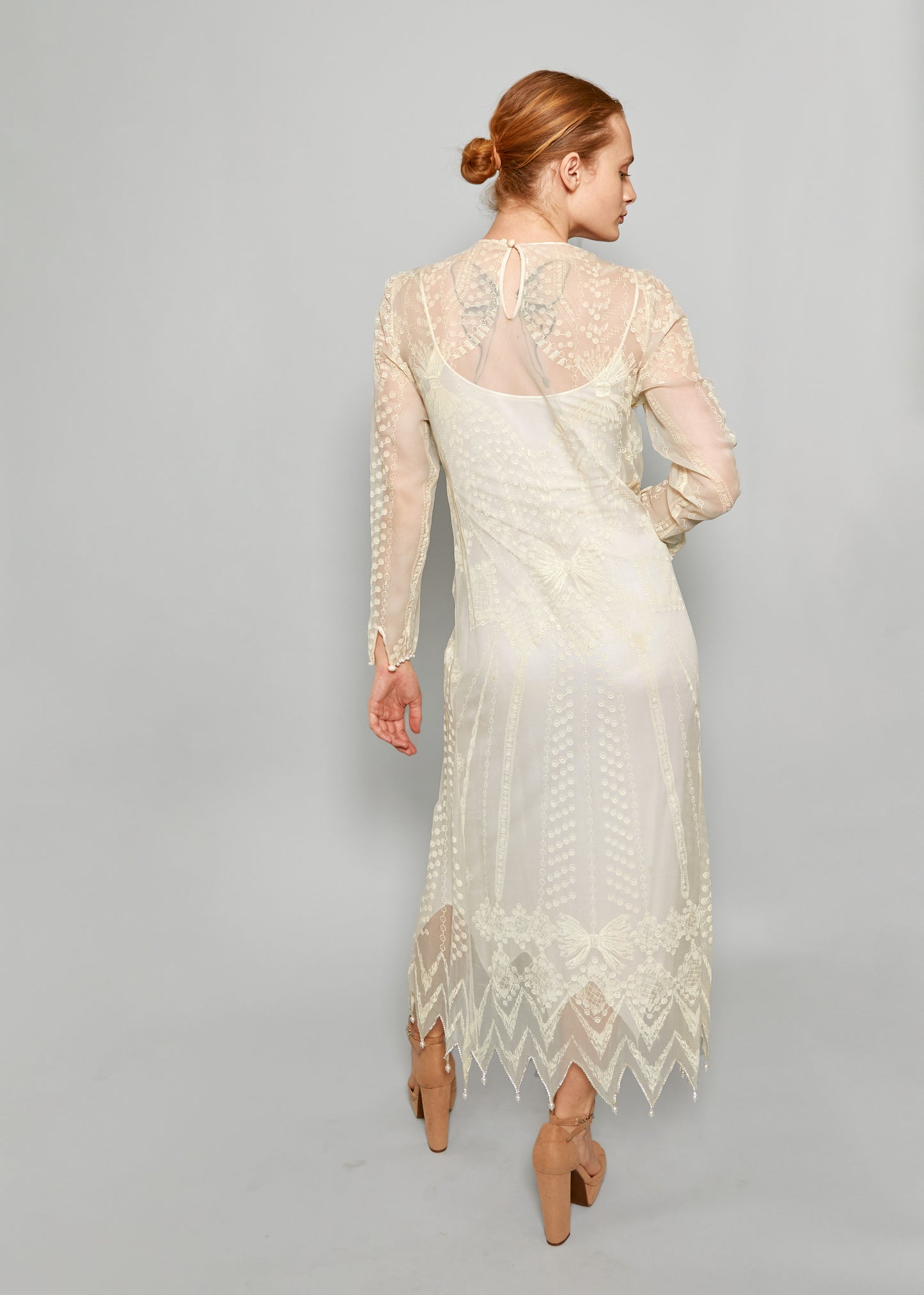 Zandra Rhodes Vintage White Spring/Summer 1985 Screen Print Rhinestone Embellished Bow Dress back view