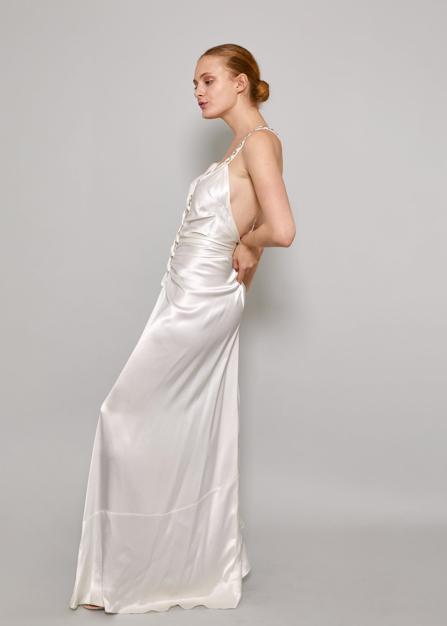 John Galliano S/S 2006 White Satin Bias Cut Dress Side Full Length View
