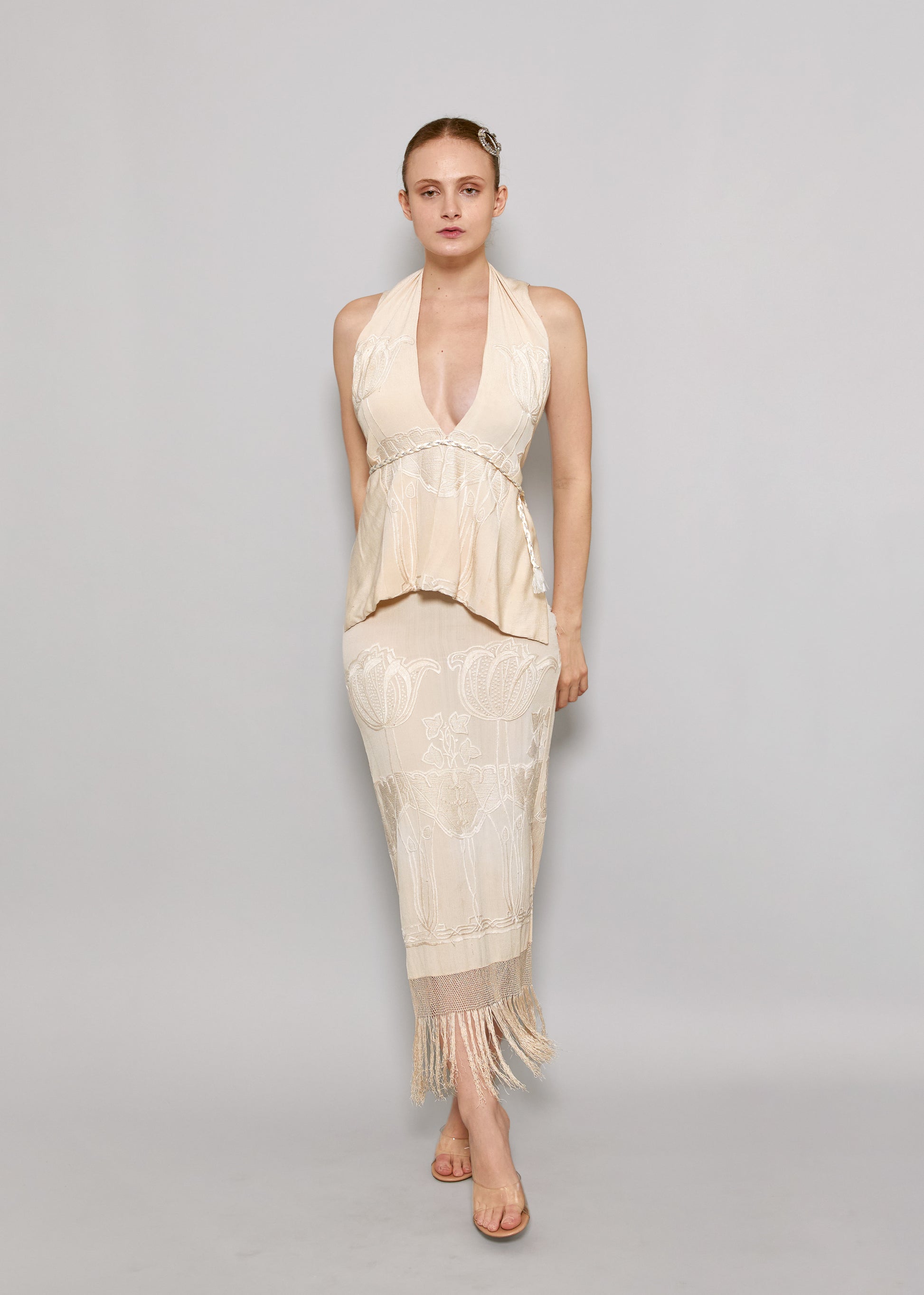 1920's Vintage Cream Embroidered Fringe Rope Belt Dress - The Kit Vintage