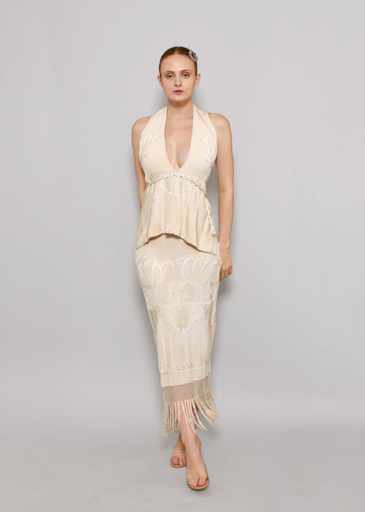 1920's Cream Embroidered Fringe Rope Belt Dress