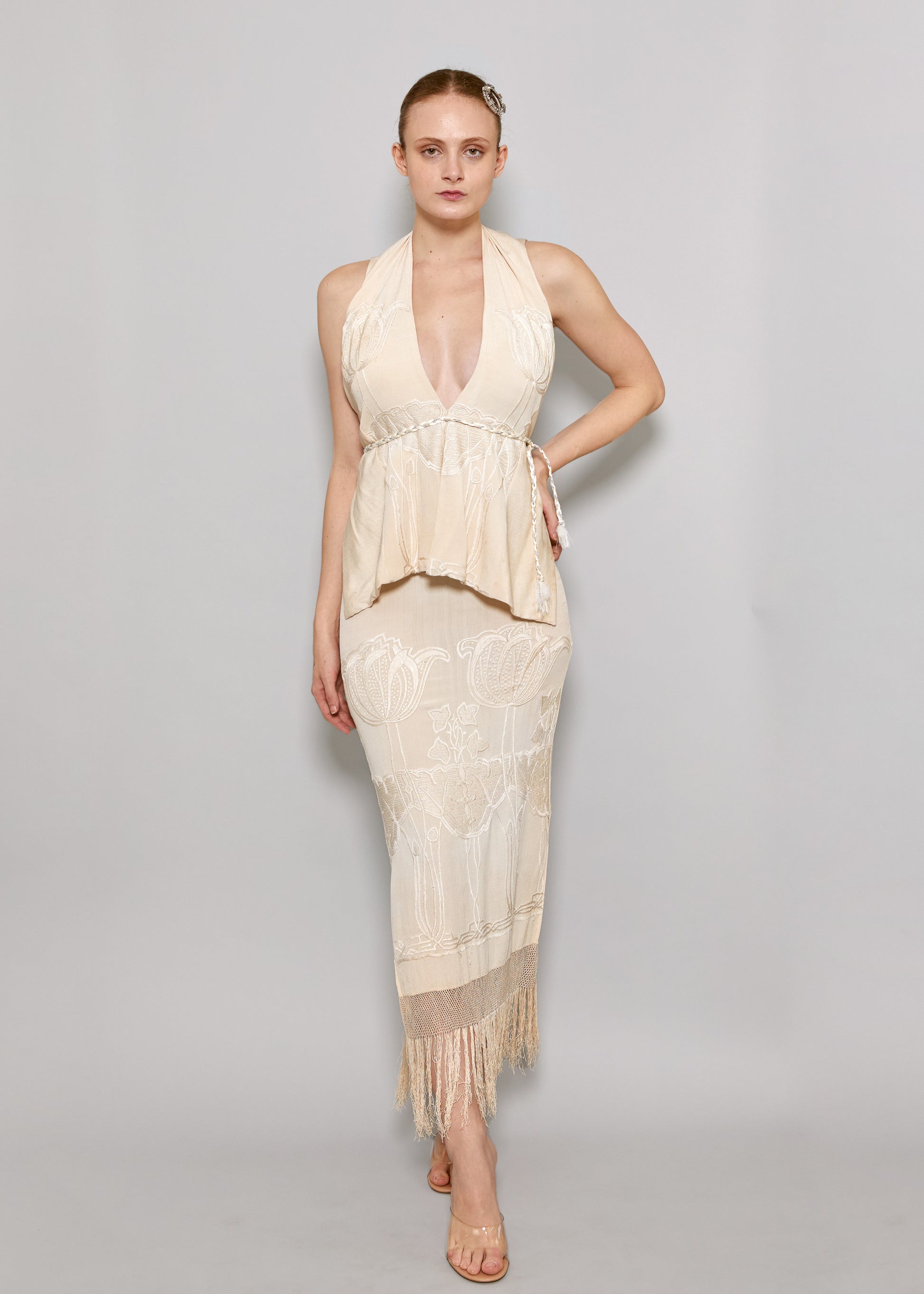 1920's Vintage Cream Embroidered Fringe Rope Belt Dress - The Kit Vintage