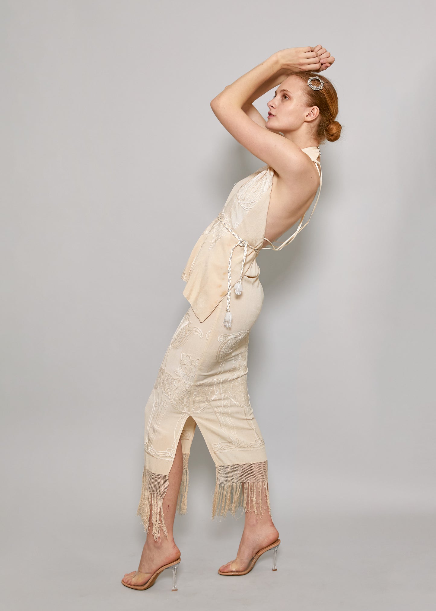 1920's Vintage Cream Embroidered Fringe Rope Belt Dress side view