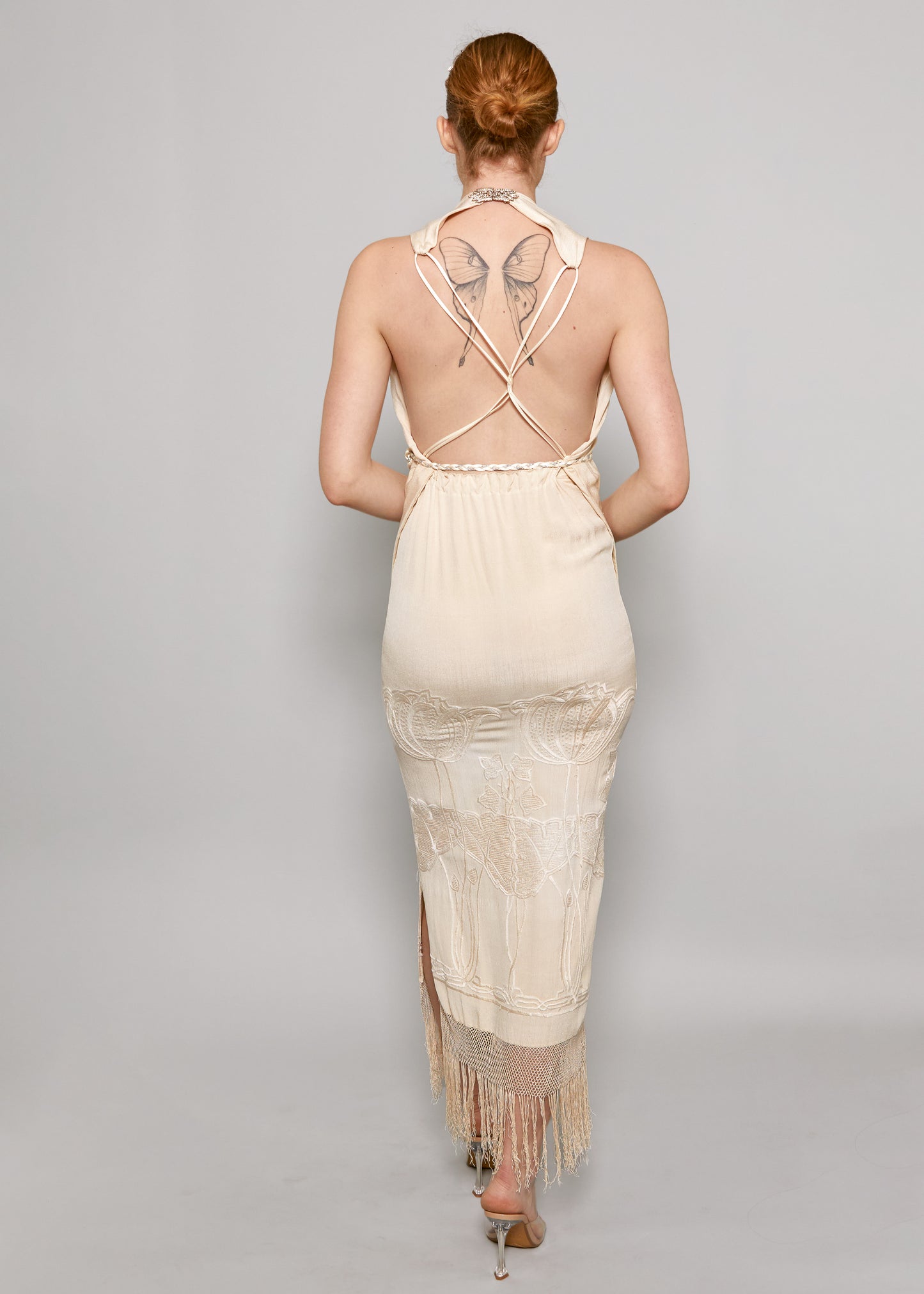 1920's Vintage Cream Embroidered Fringe Rope Belt Dress back view with cross-back