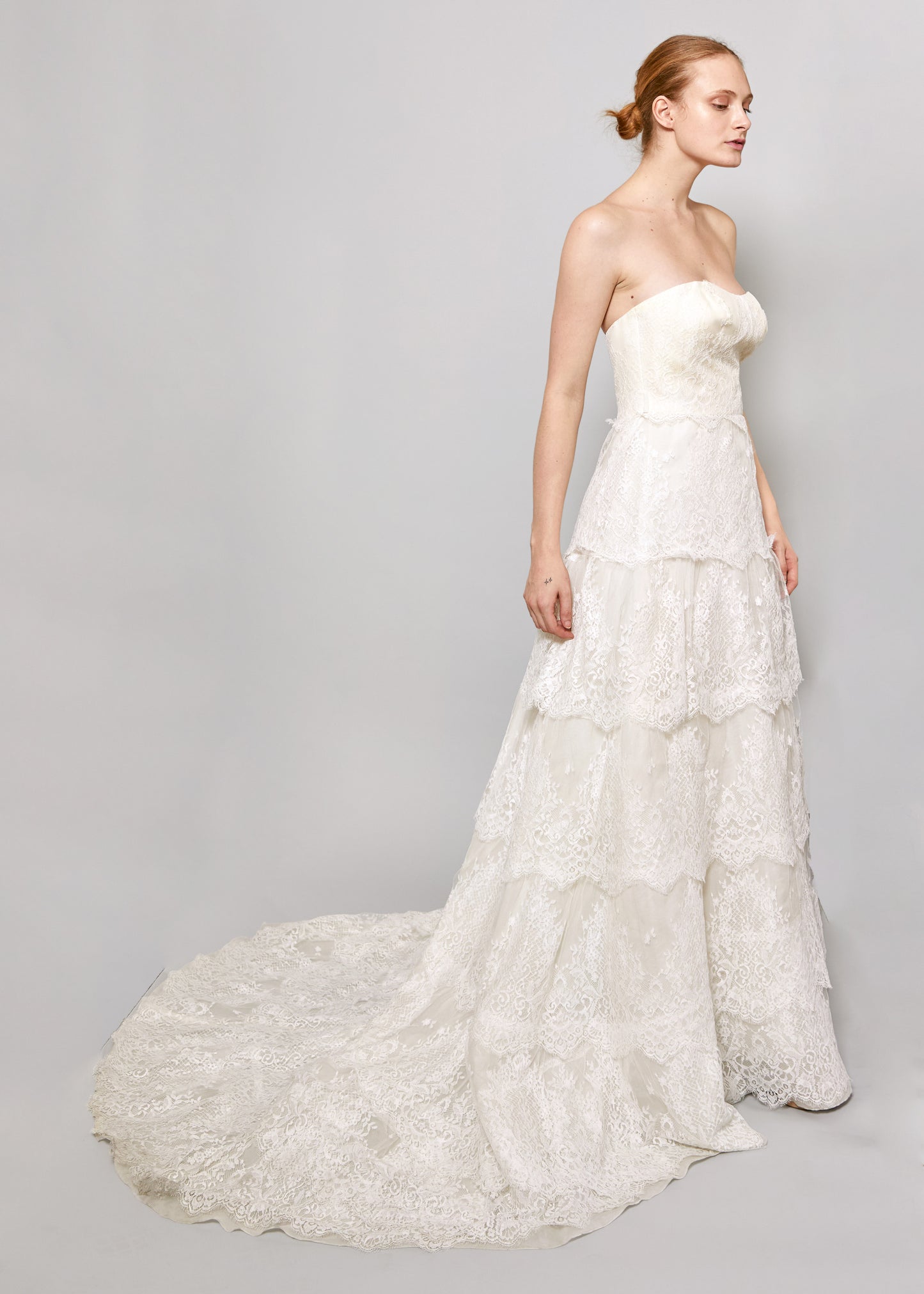 2014 Blumarine Sposa Strapless White Lace Ruffled Gown 3/4 View