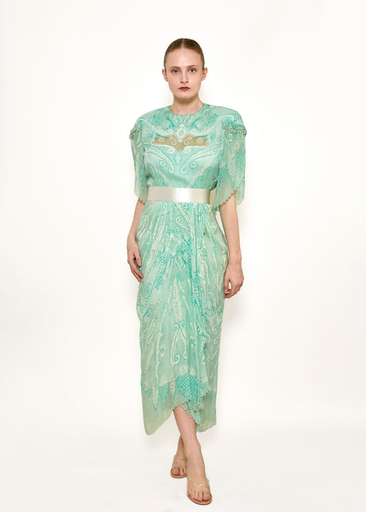 Zandra Rhodes S/S 1989 Mint Green Pearl Trimmed Satin Belt Dress - The Kit Vintage
