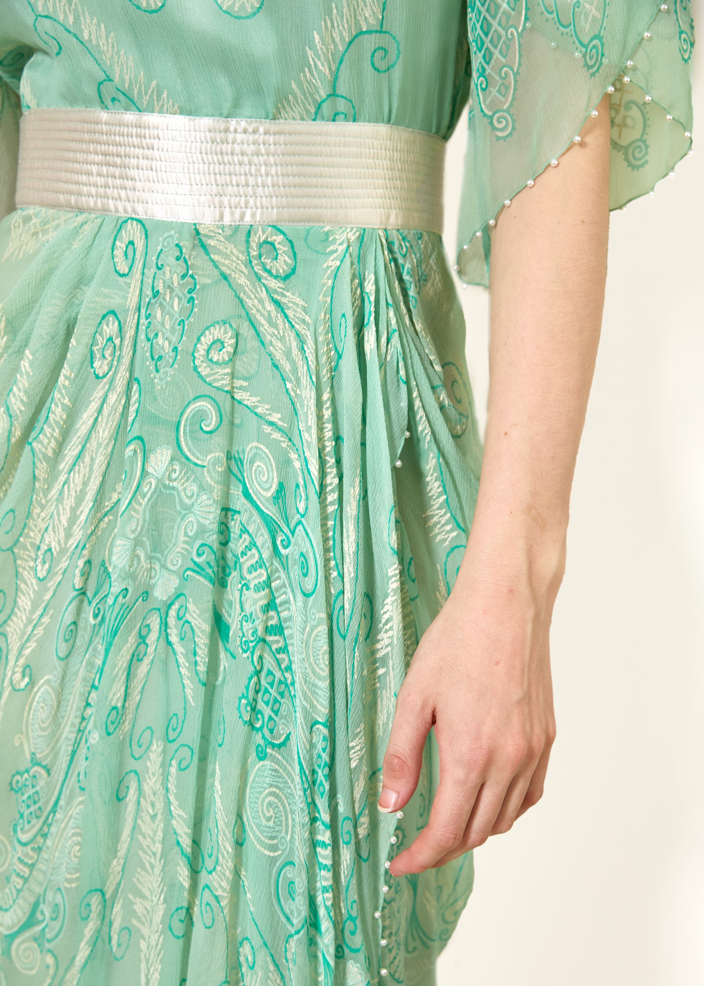 Zandra Rhodes S/S 1989 Mint Green Pearl Trimmed Satin Belt Dress