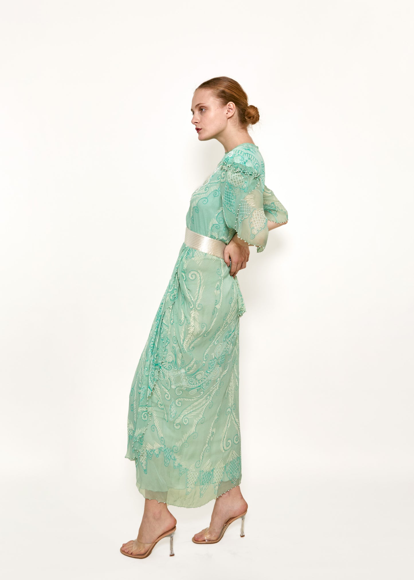 Zandra Rhodes S/S 1989 Mint Green Pearl Trimmed Satin Belt Dress