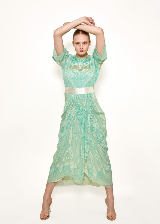 Zandra Rhodes S/S 1989 Mint Green Pearl Trimmed Satin Belt Dress - The Kit Vintage