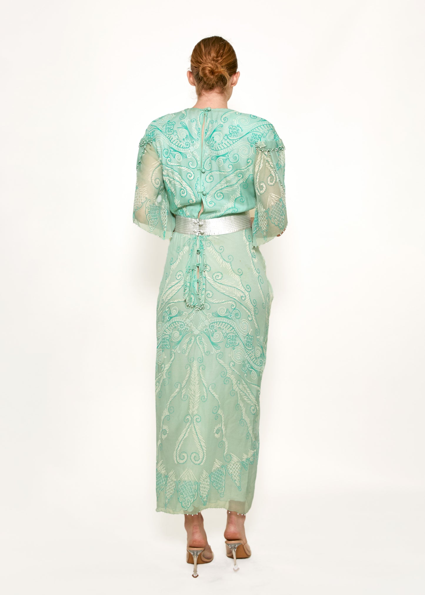 Zandra Rhodes S/S 1989 Mint Green Pearl Trimmed Satin Belt Dress