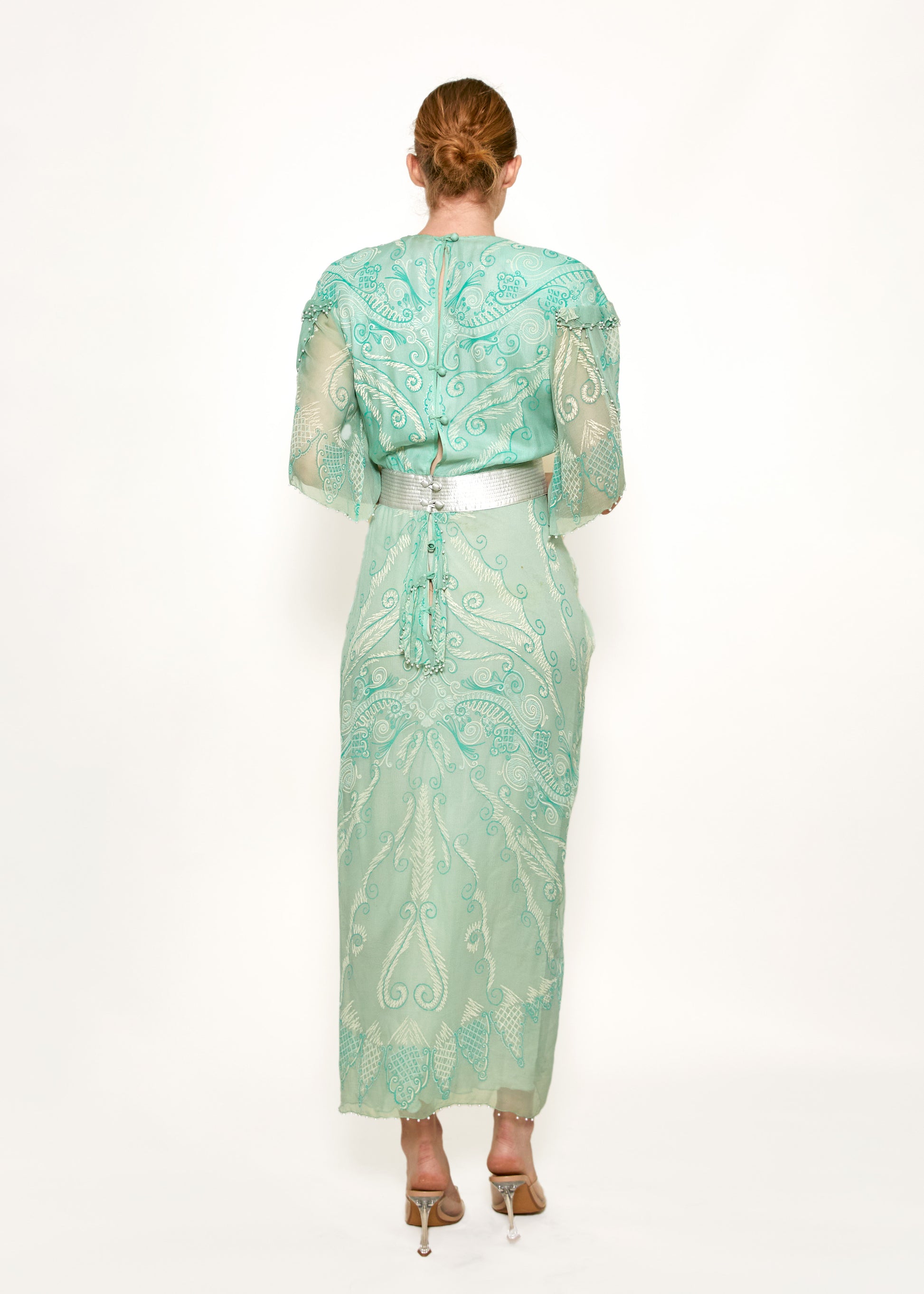 Zandra Rhodes S/S 1989 Mint Green Pearl Trimmed Satin Belt Dress - The Kit Vintage