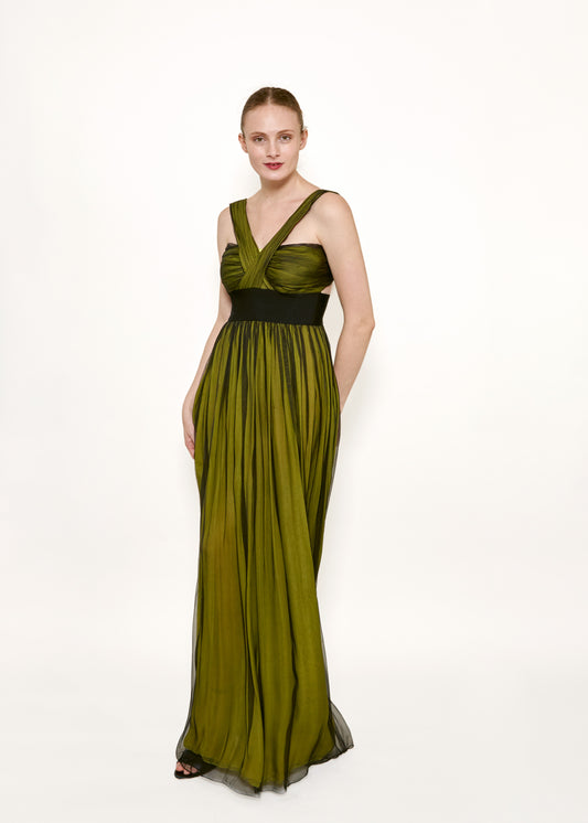Dolce & Gabbana Green/Black Cross-Front Chiffon Gown - The Kit Vintage