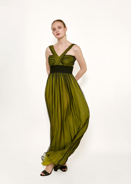 Dolce & Gabbana Green/Black Cross-Front Chiffon Gown - The Kit Vintage