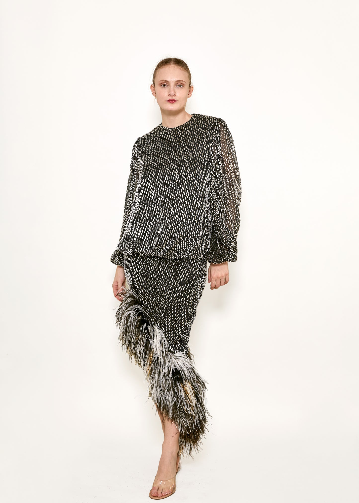 Bill Blass Velvet Ostrich Feather Trim Skirt Set