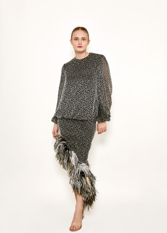 Bill Blass Velvet Ostrich Feather Trim Skirt Set - The Kit Vintage