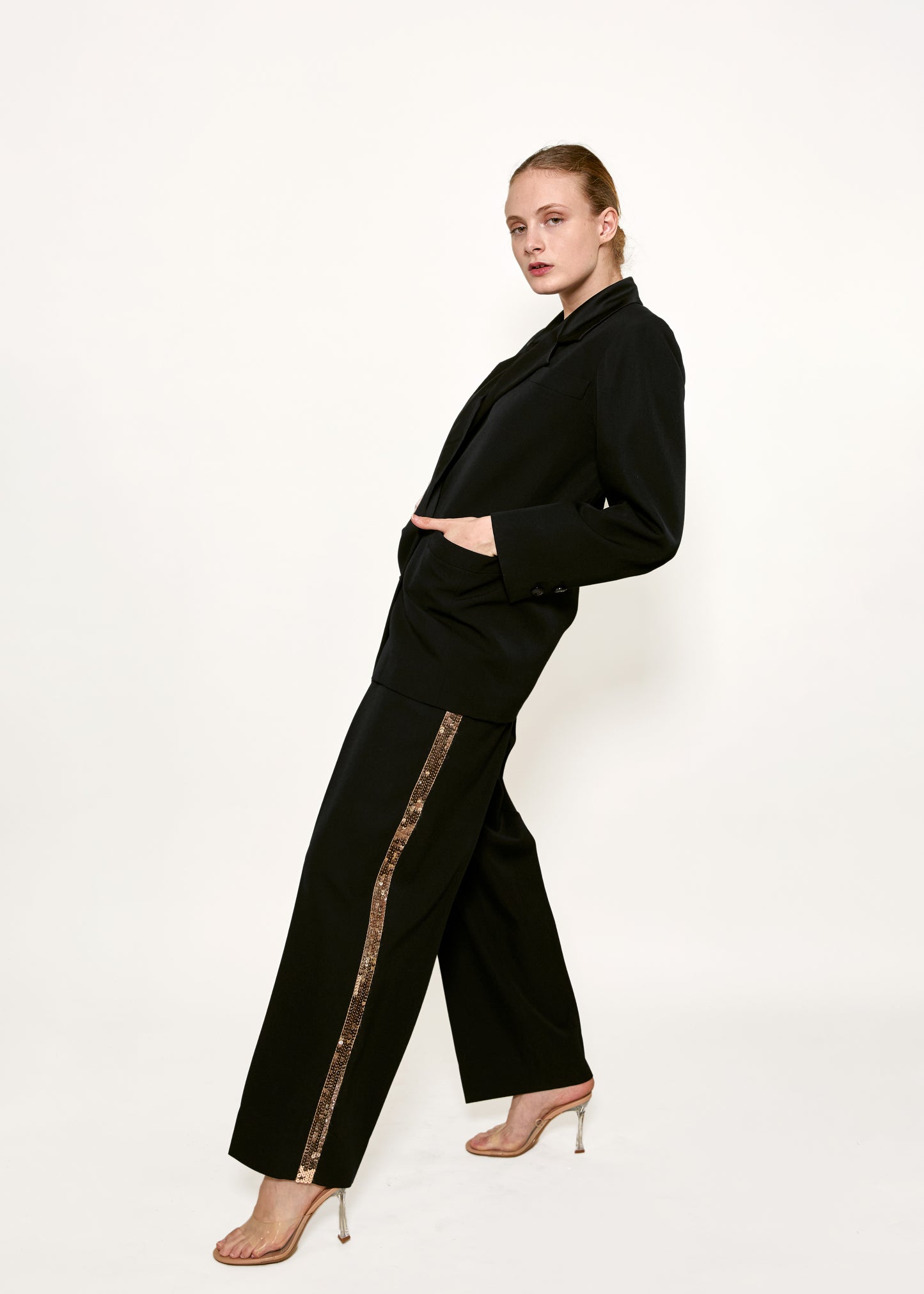 Yves Saint Laurent Tuxedo Blazer with Gold Sequin Tuxedo Stripe Pants