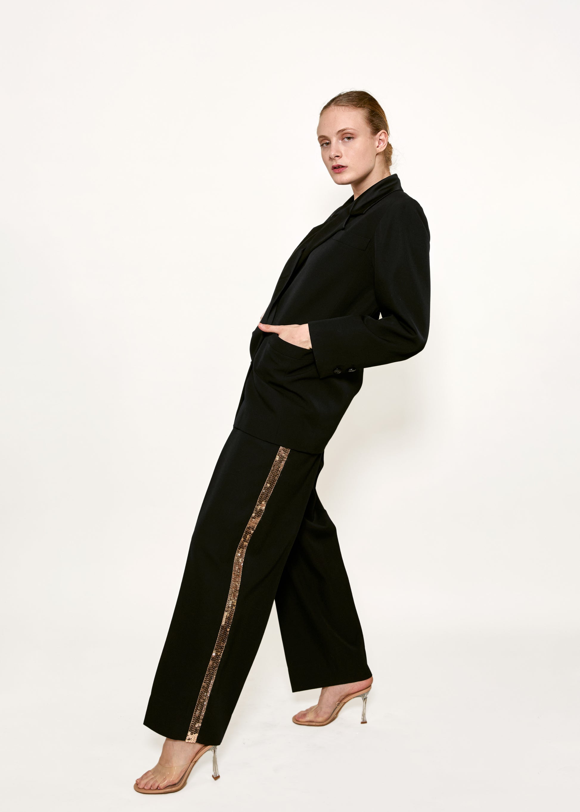 Yves Saint Laurent Tuxedo Blazer with Gold Sequin Tuxedo Stripe Pants - The Kit Vintage