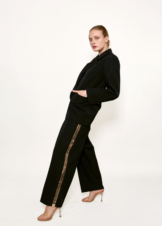 Yves Saint Laurent Tuxedo Blazer with Gold Sequin Tuxedo Stripe Pants - The Kit Vintage