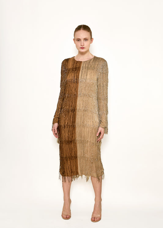 Bill Blass Fall 1984 Beaded Fringe Bronze & Gold Cocktail Dress