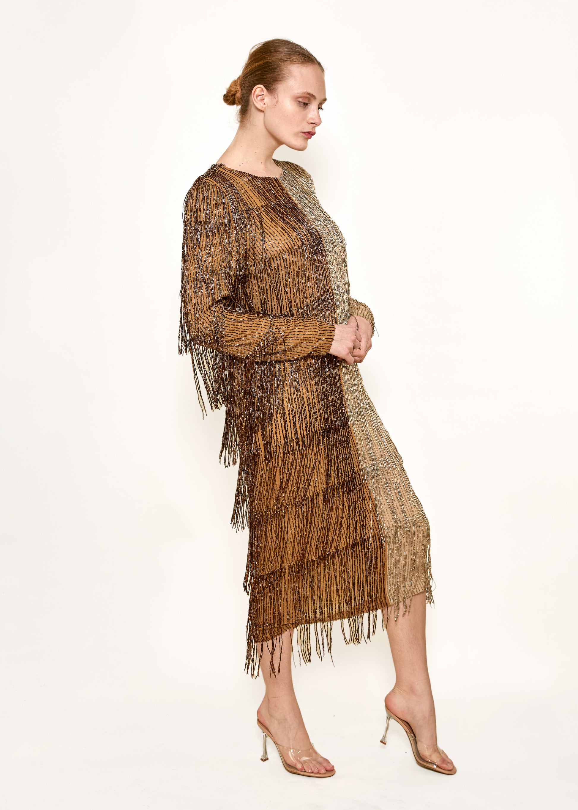 Bill Blass Fall 1984 Beaded Fringe Bronze & Gold Cocktail Dress - The Kit Vintage
