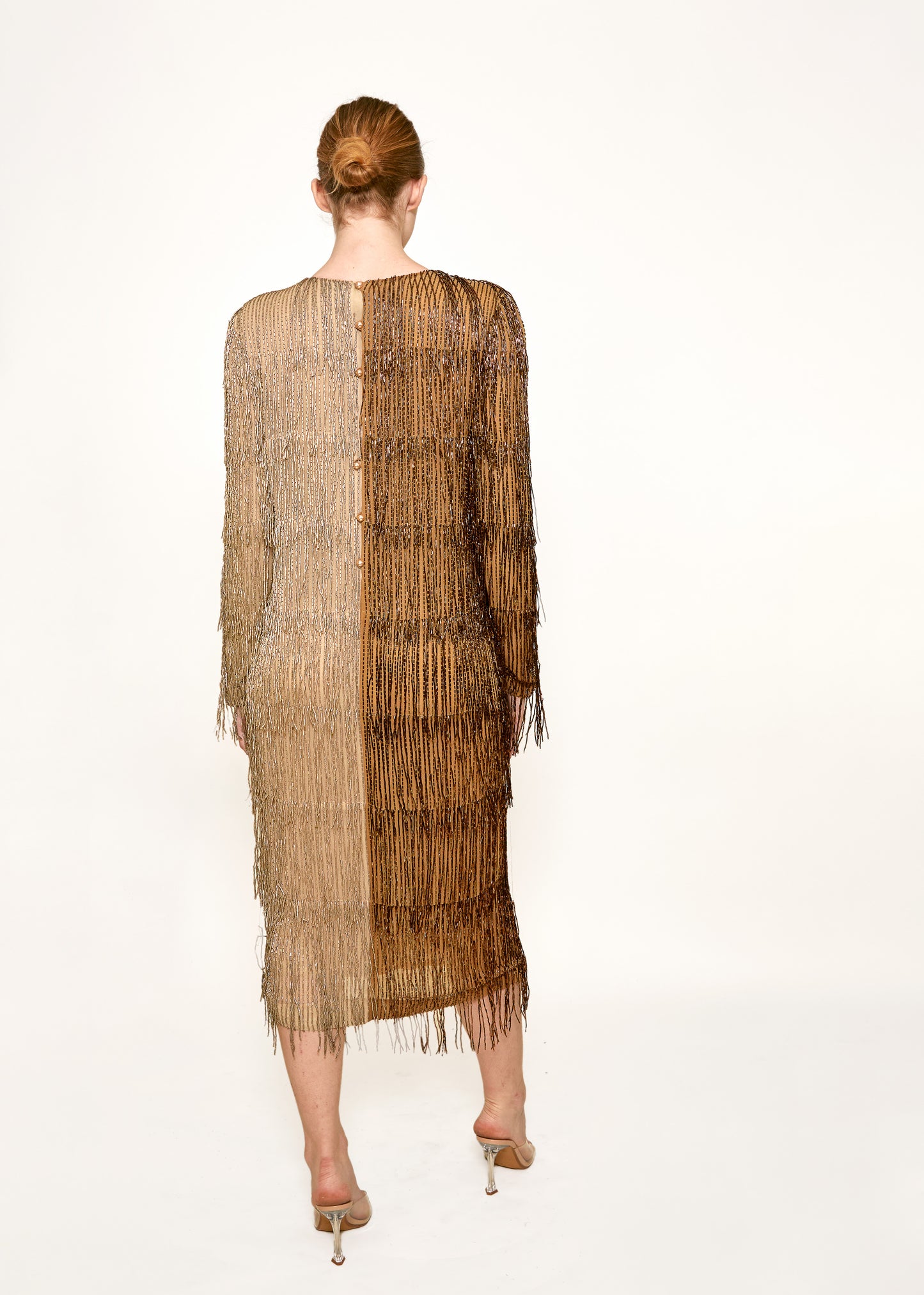 Bill Blass Fall 1984 Beaded Fringe Bronze & Gold Cocktail Dress