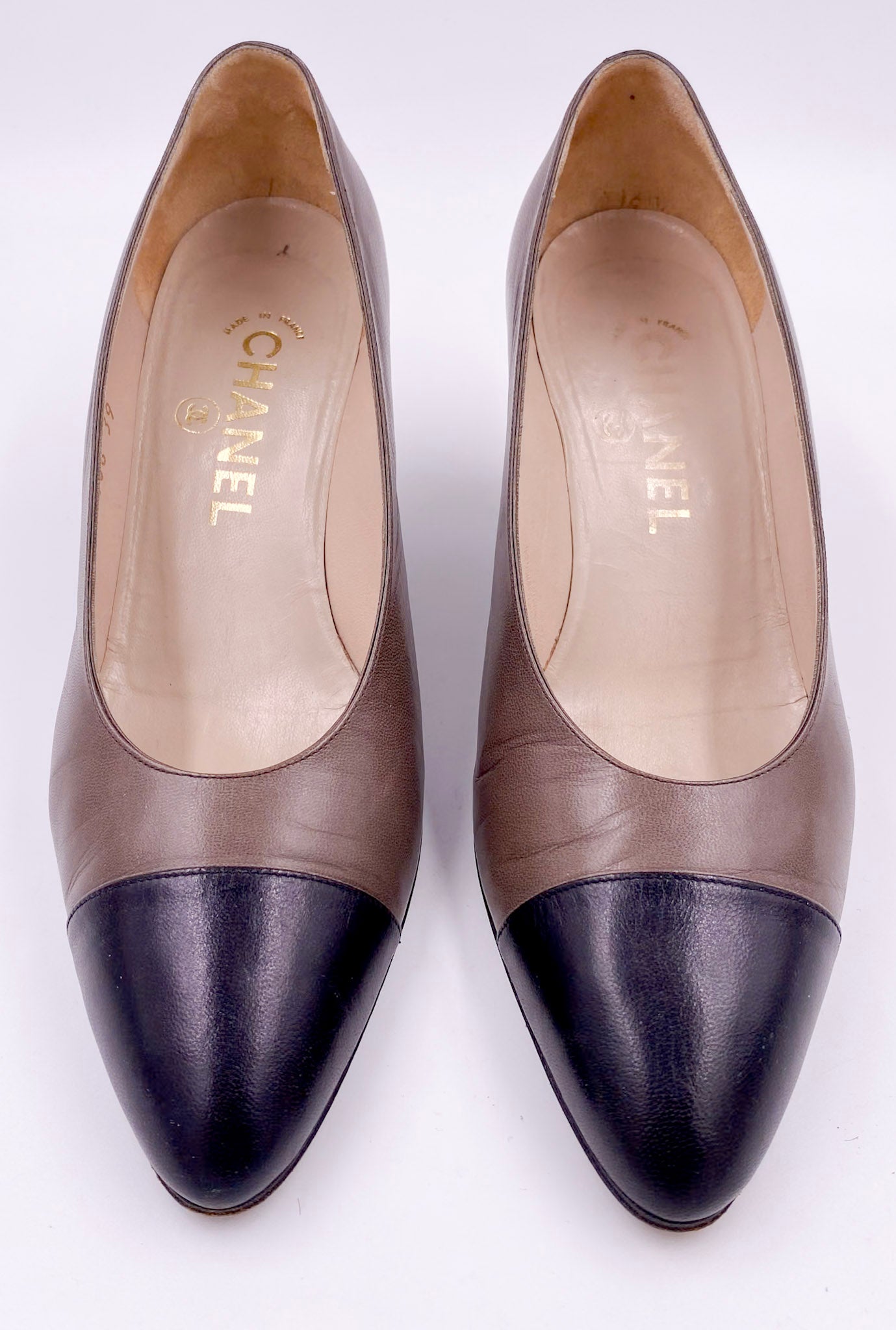 Chanel Pumps Taupe With Black Leather Toe - The Kit Vintage