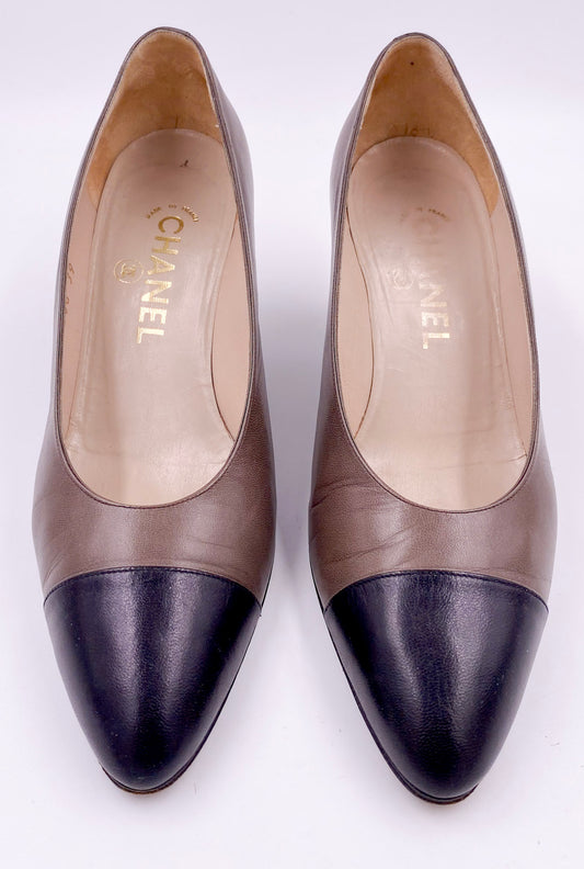 Chanel Pumps Taupe With Black Leather Toe - The Kit Vintage