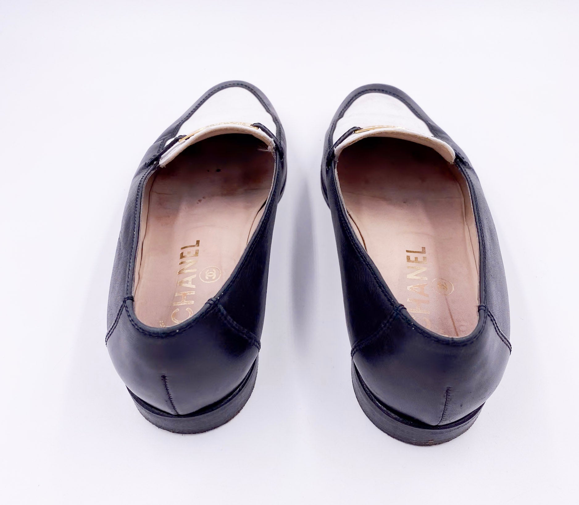 Chanel Black/White Loafers with Gold Emblem - The Kit Vintage