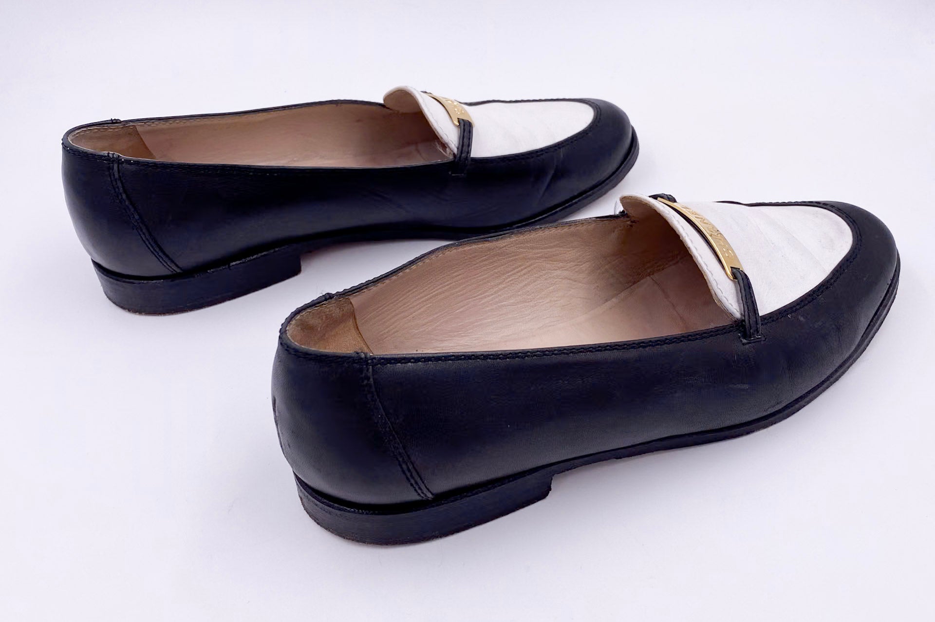 Chanel Black/White Loafers with Gold Emblem - The Kit Vintage