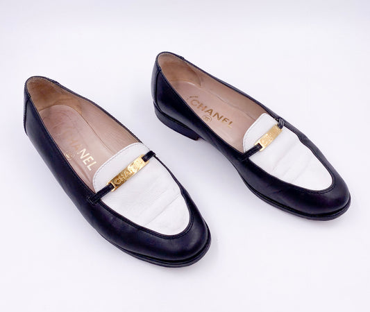 Chanel Black/White Loafers with Gold Emblem - The Kit Vintage