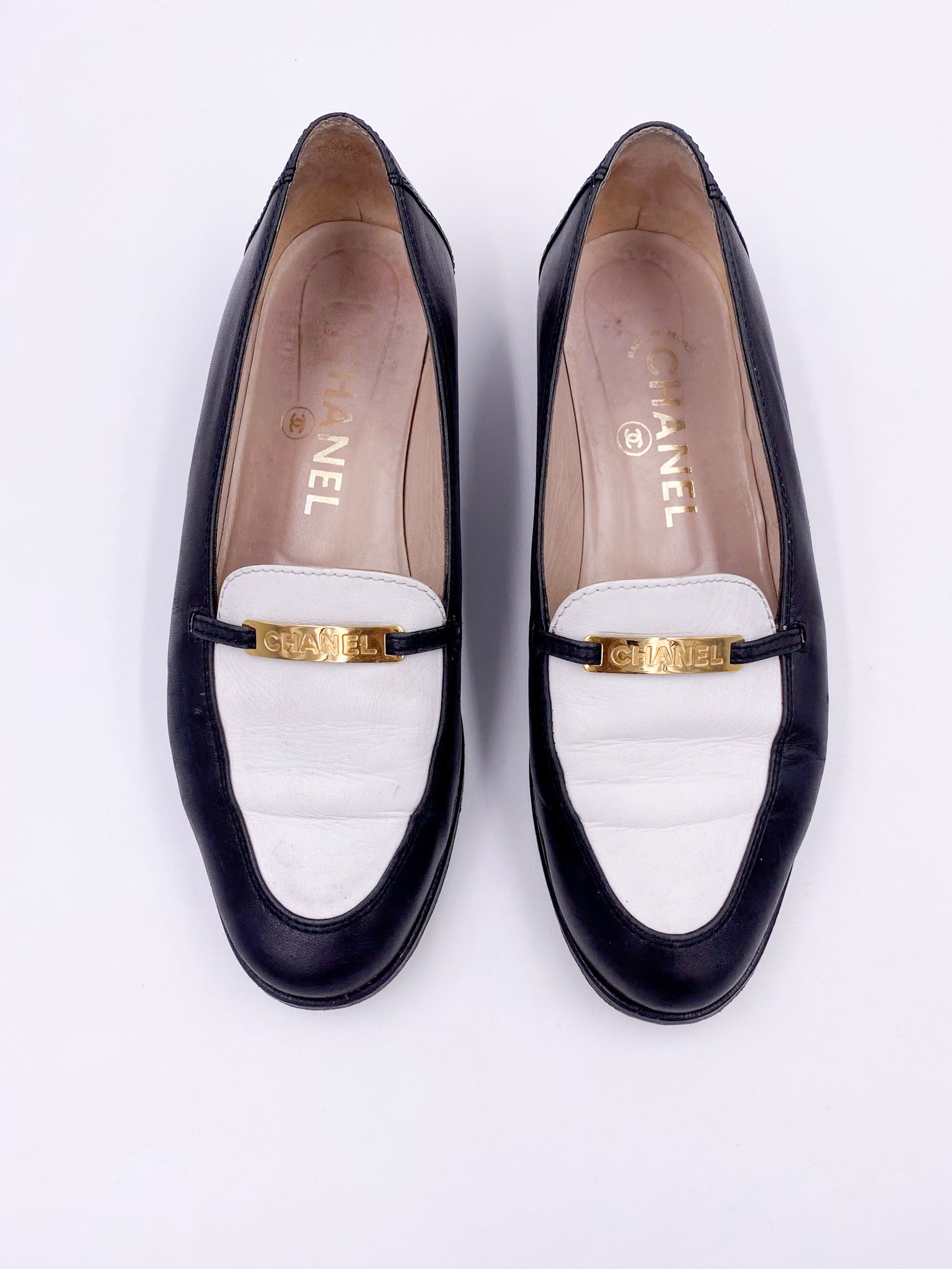Chanel Black/White Loafers with Gold Emblem - The Kit Vintage