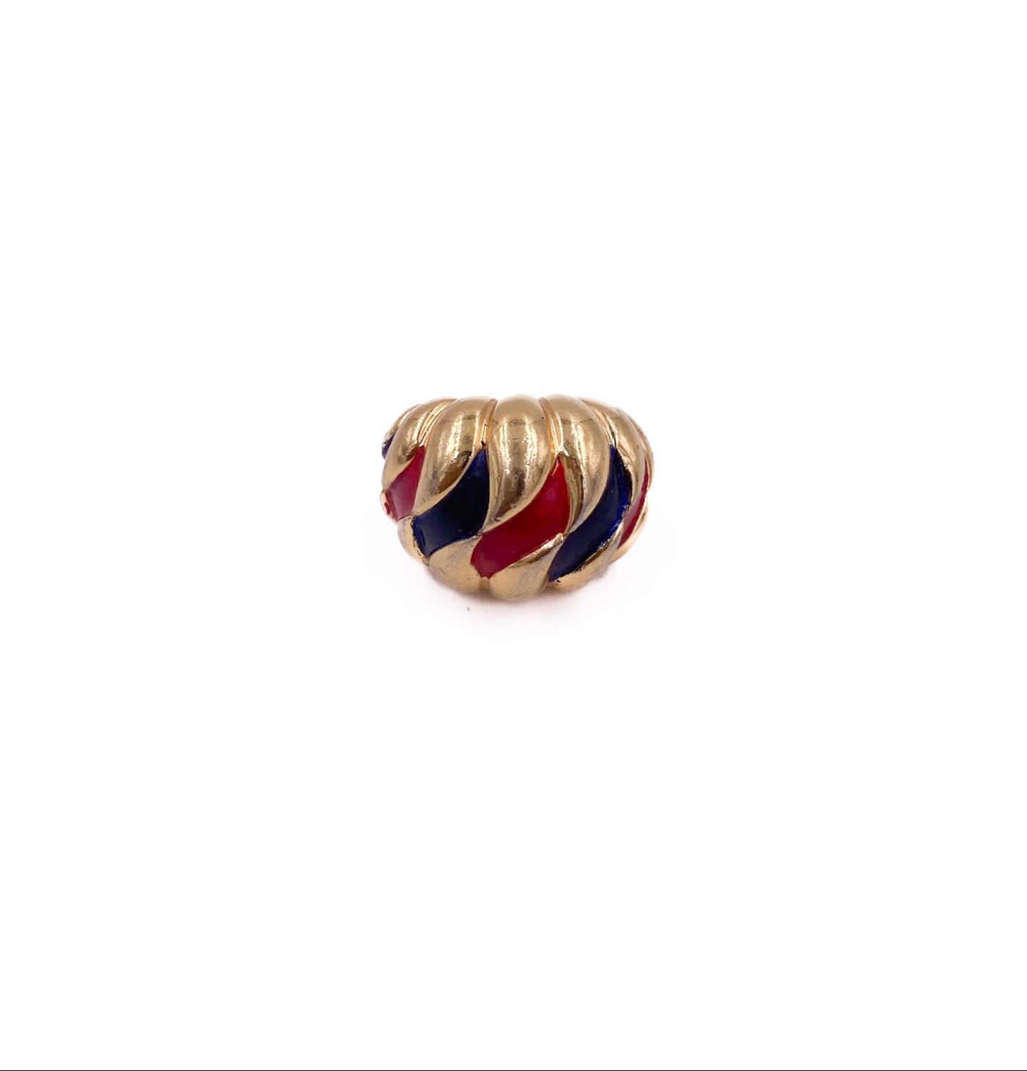 Gold dome ring with red and navy blue pattern