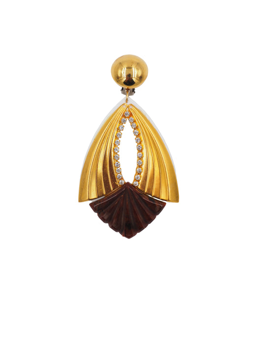 1980's Deco Style Drop Gold W Rhinestone & Tortoise Earrings
