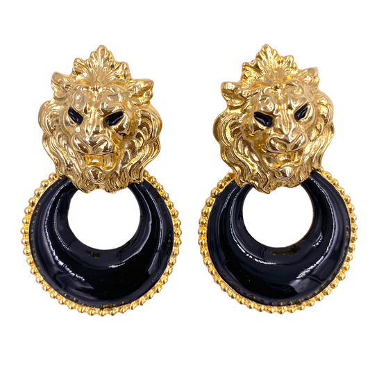 Lion Gold Doorknockers with Black Enamel Hoop - The Kit Vintage