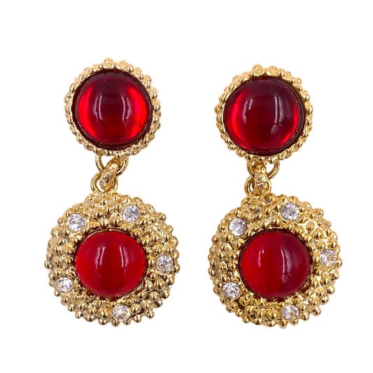 French Red Stone Drop Earrings with Crystals