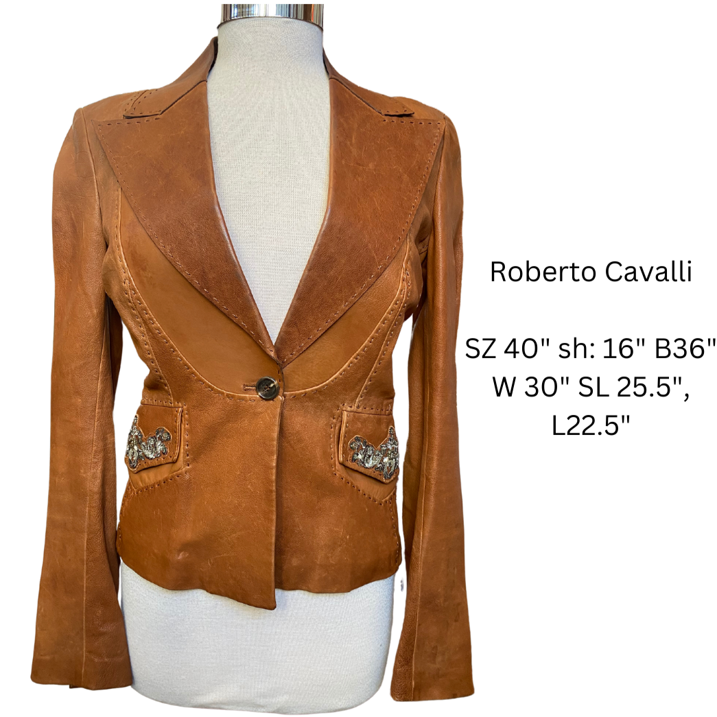 Roberto Cavalli Brown Leather Blazer Beaded W/ Stitching - The Kit Vintage