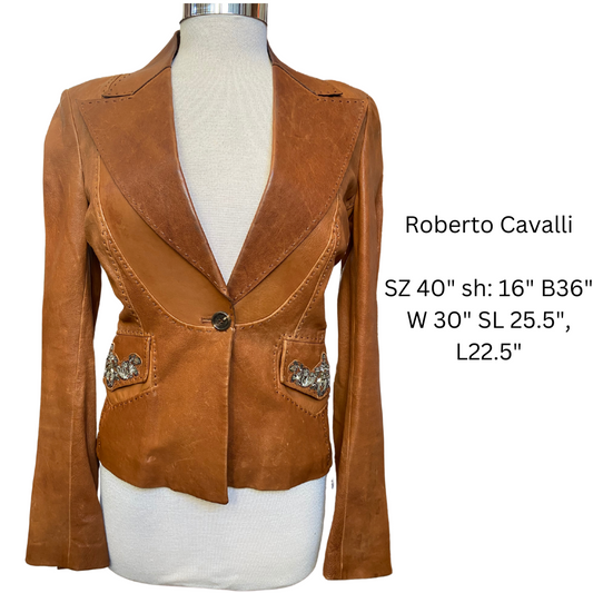 Roberto Cavalli Brown Leather Blazer Beaded W/ Stitching - The Kit Vintage