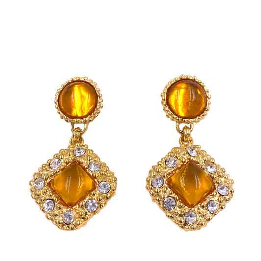 French Citrine Colored Drop Earrings with Crystals - The Kit Vintage
