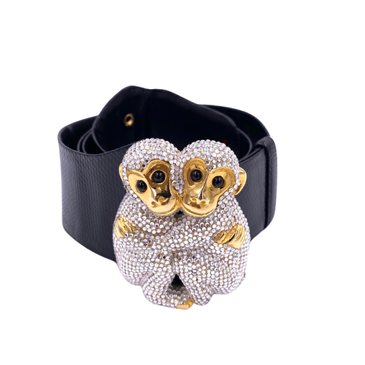 Judith Leiber Crystal Monkeys Buckle Black Lizard Belt - The Kit Vintage