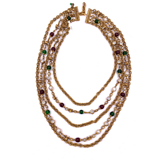 Chanel 1984 Multi Chain with Gripoix Purple/Green Stones Necklace - The Kit Vintage