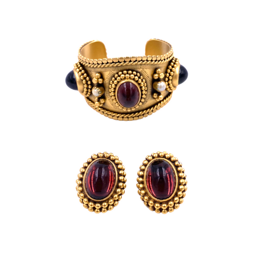 Yves Saint Laurent Gold Cuff & Earring Set with Cabachon Stones - The Kit Vintage