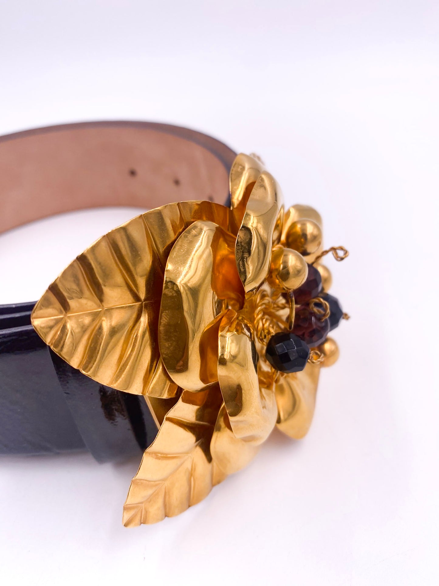 Roberto Cavalli Black Patent Leather Belt with Large Gold Flower Buckle