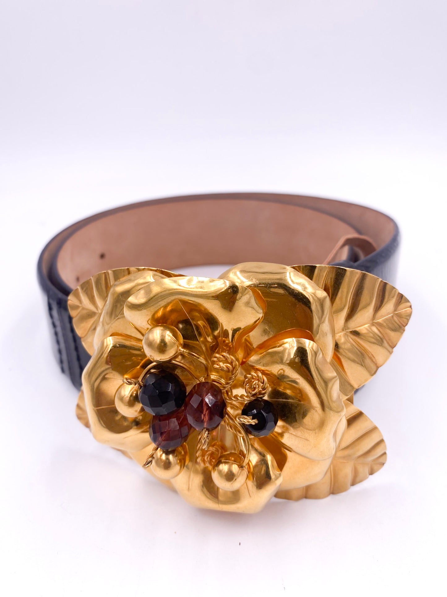 Roberto Cavalli Black Patent Leather Belt with Large Gold Flower Buckle