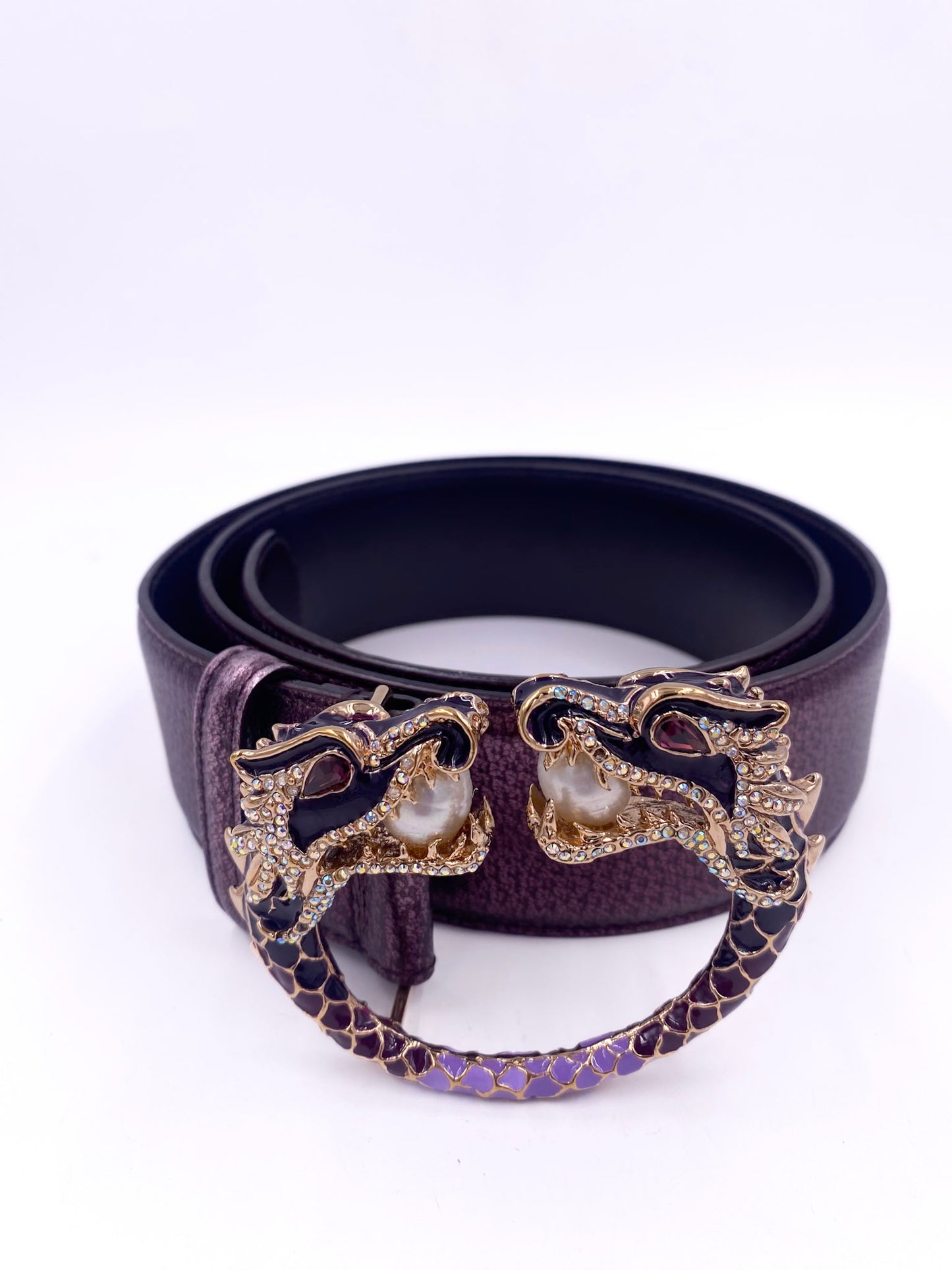 Gucci Tom Ford 2004 Purple Metallic Belt with Enamel Rhinestone and Pearl Dragon Buckle