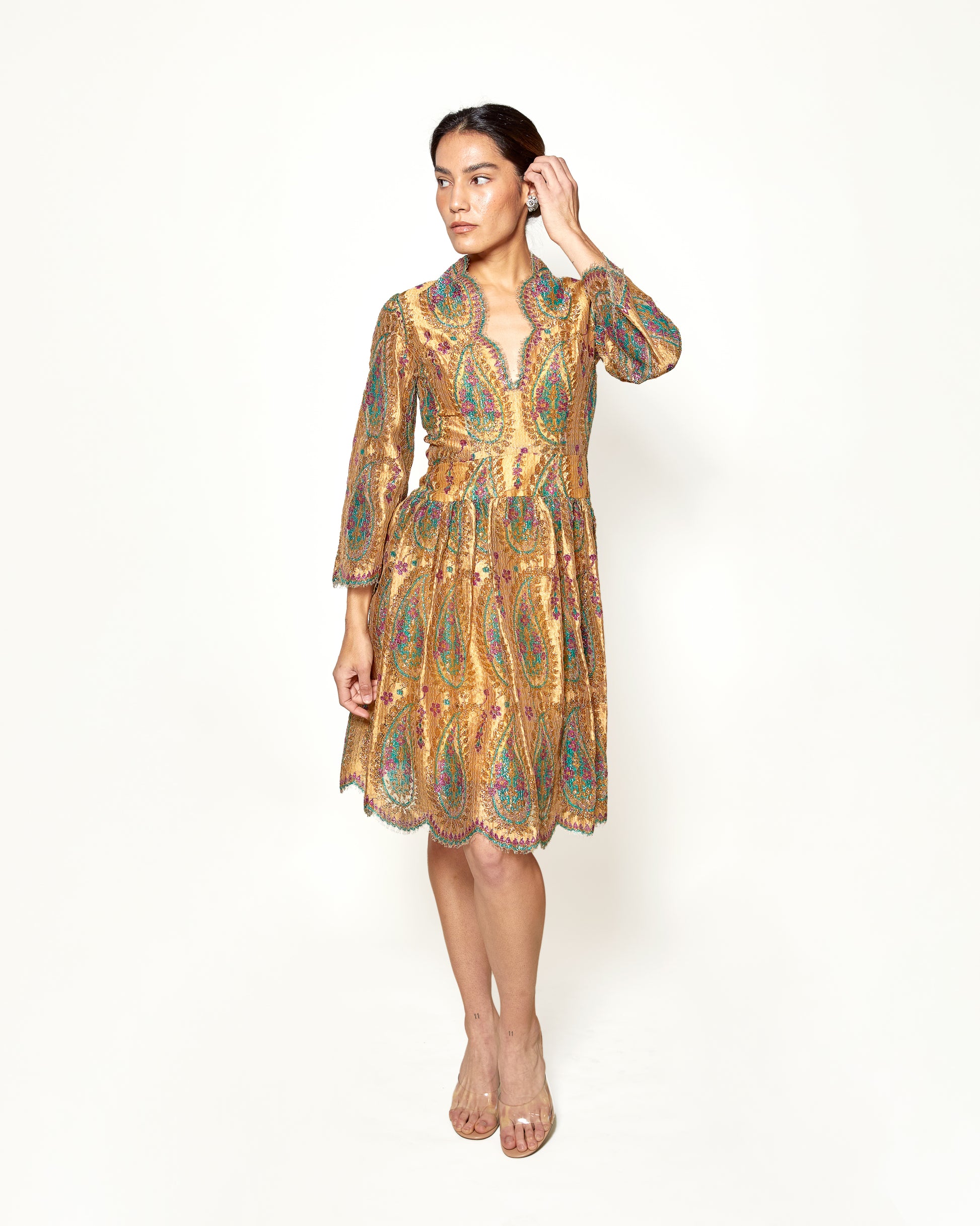 Vintage 1968 Bill Blass for Maurice Rentner Gold Lace Paisley Dress - The Kit Vintage