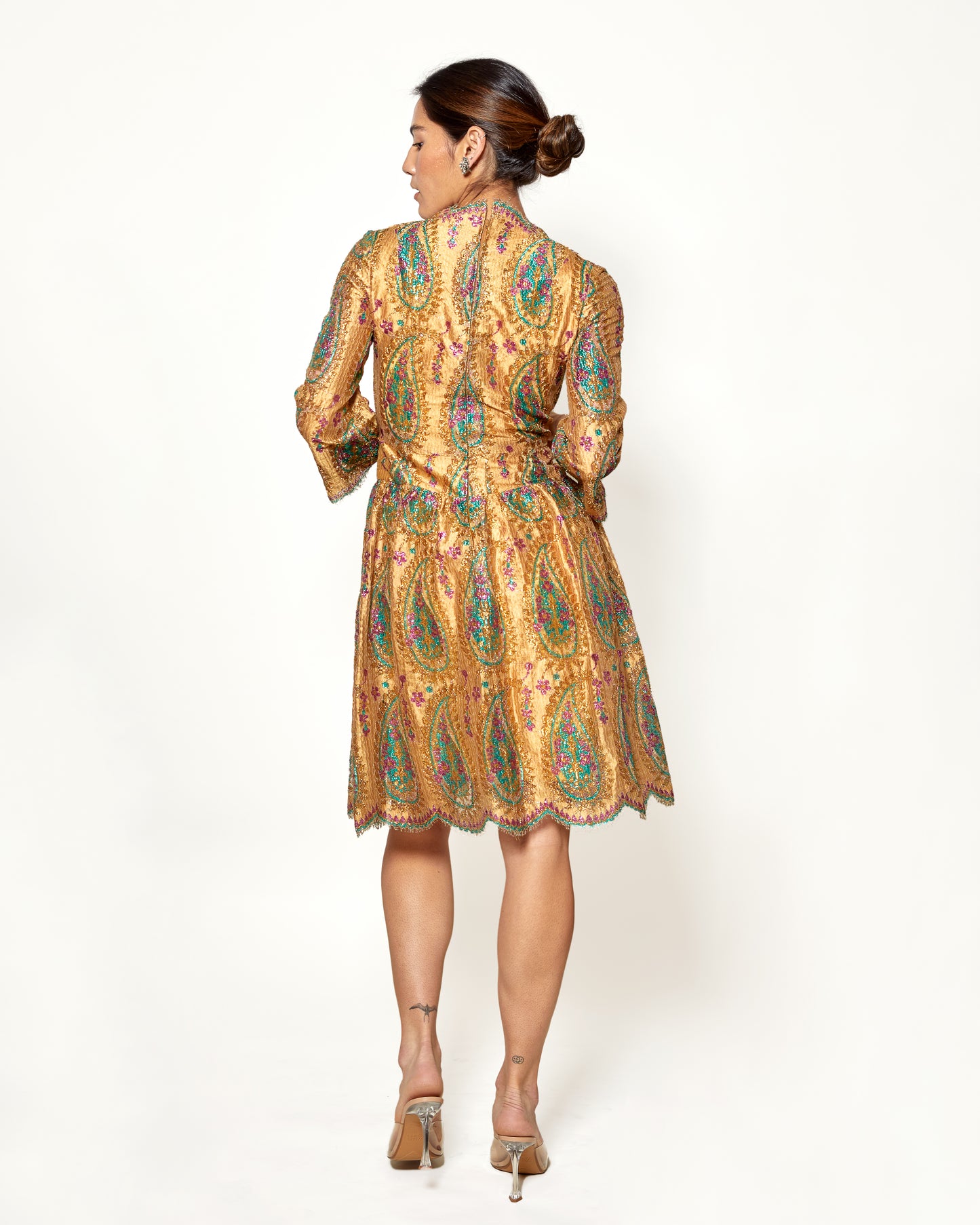 Vintage 1968 Bill Blass for Maurice Rentner Gold Lace Paisley Dress