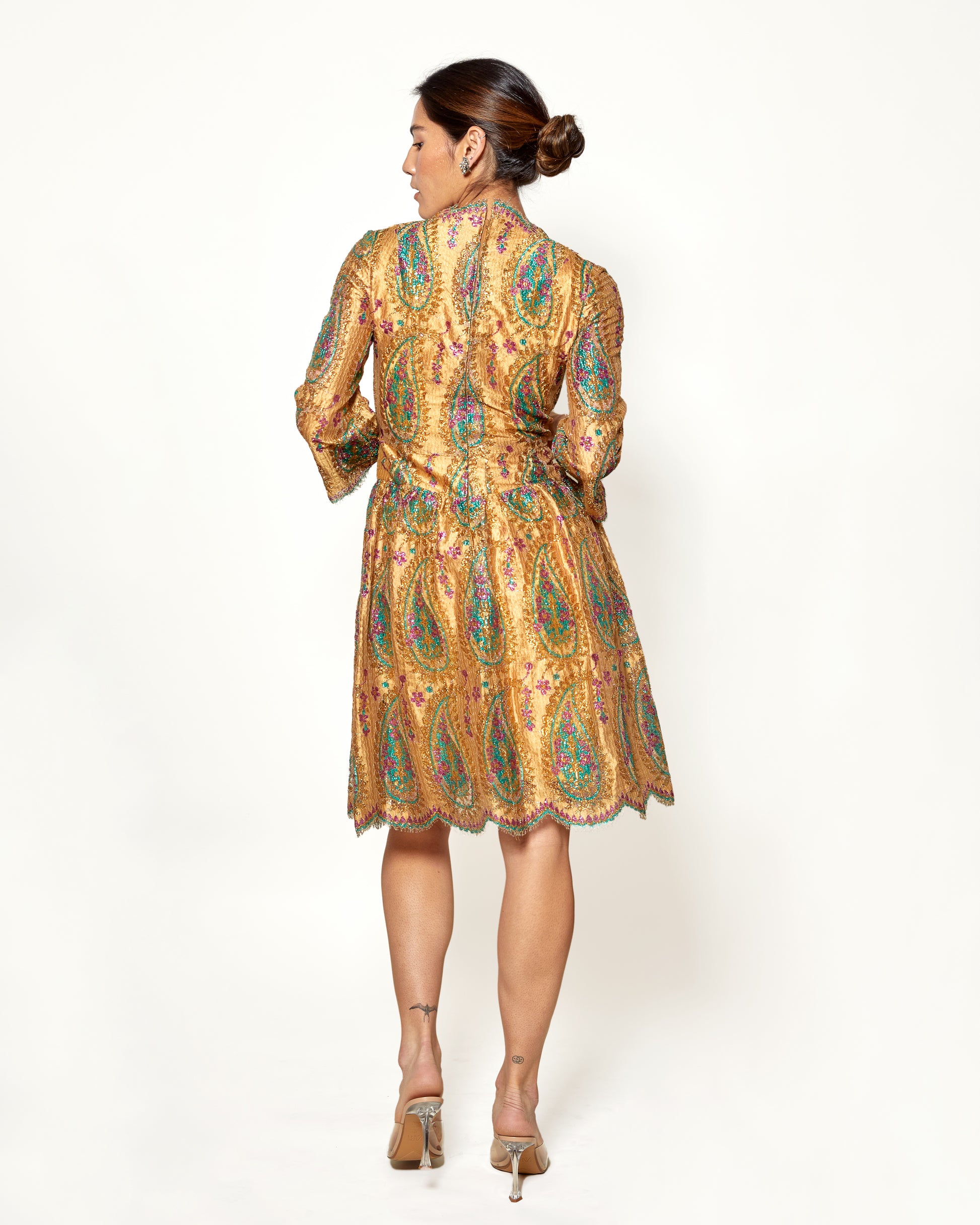 Vintage 1968 Bill Blass for Maurice Rentner Gold Lace Paisley Dress - The Kit Vintage