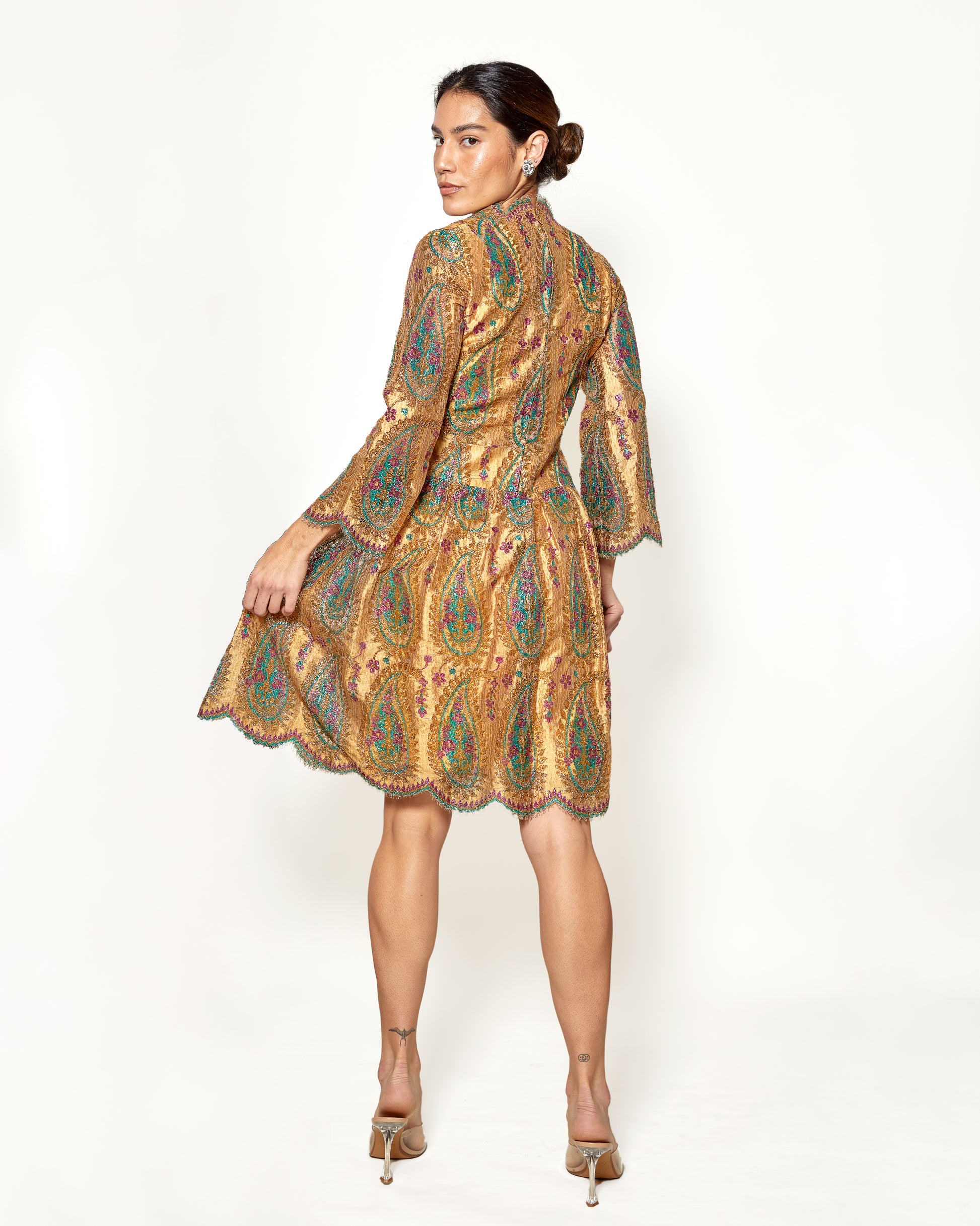 Vintage 1968 Bill Blass for Maurice Rentner Gold Lace Paisley Dress - The Kit Vintage