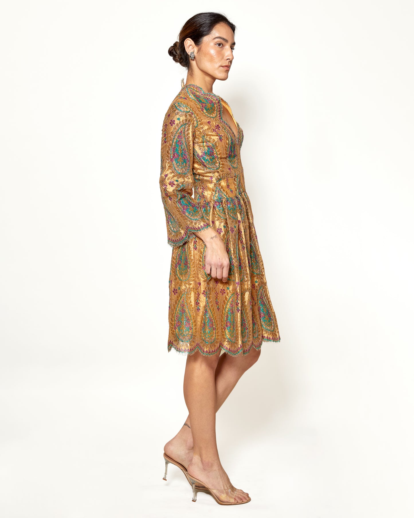 Vintage 1968 Bill Blass for Maurice Rentner Gold Lace Paisley Dress